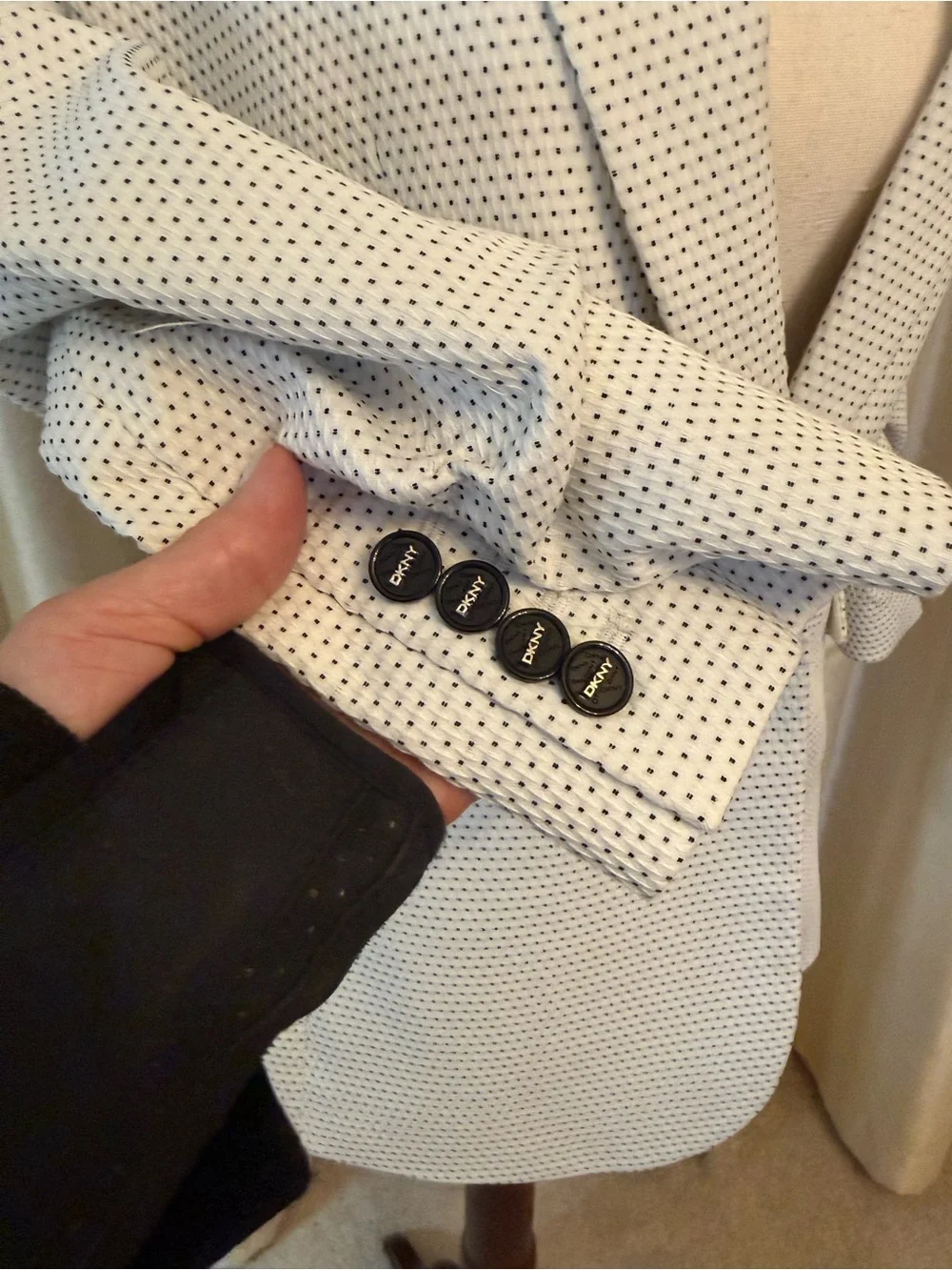 DKNY White & Black Geometric Dot Blazer Ruched 3/4 Sleeve Size 4 Petite